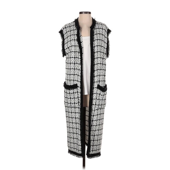 ZARA Color Block Black & White Tweed Sleeveless Cardigan Vest Overcoat - S - Picture 1 of 2